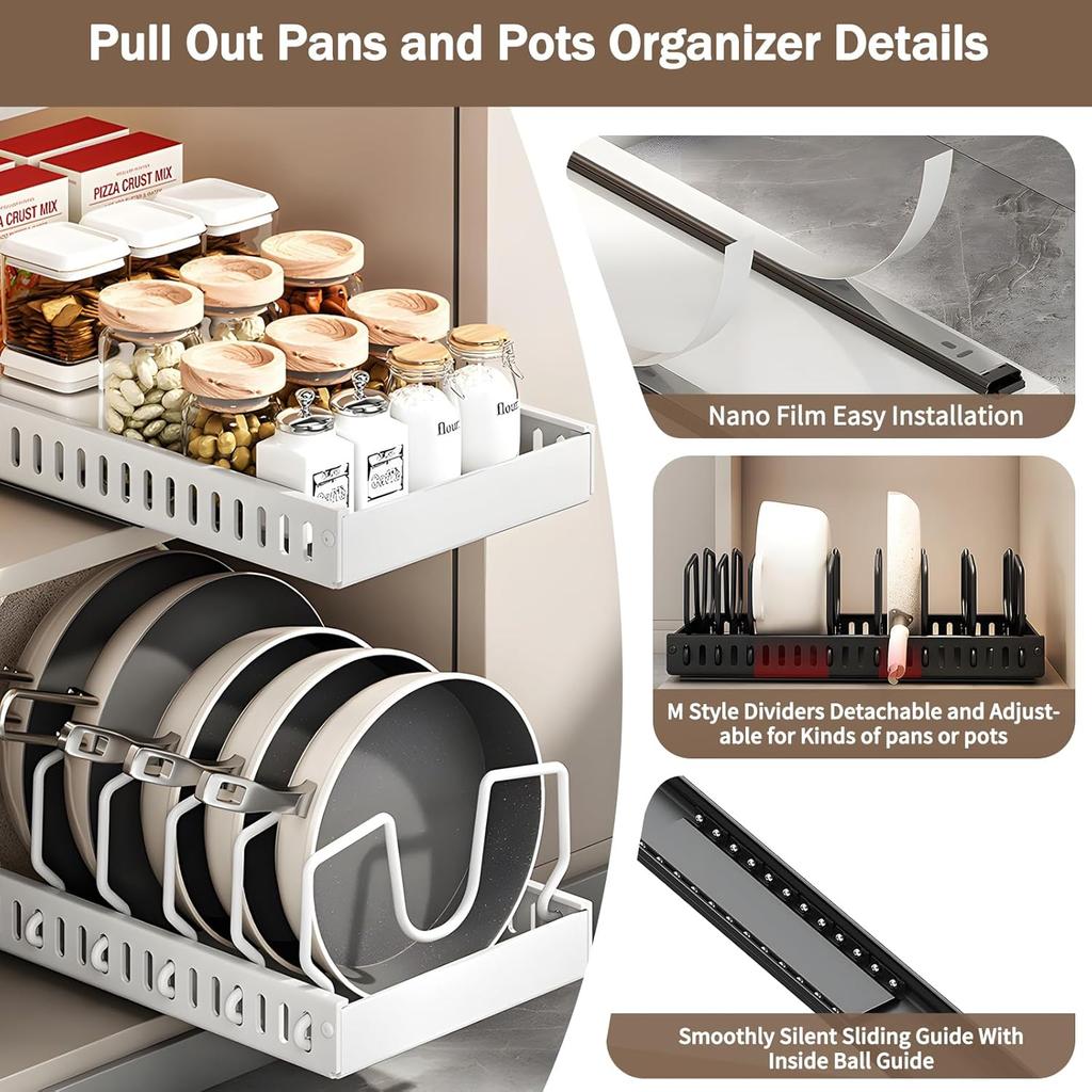 Pull Out Pots Pans Organizer for Under Cabinet Pull Out Cabinet Organizer Storage Pot Lid Organizer Holder Adjustable Dividers