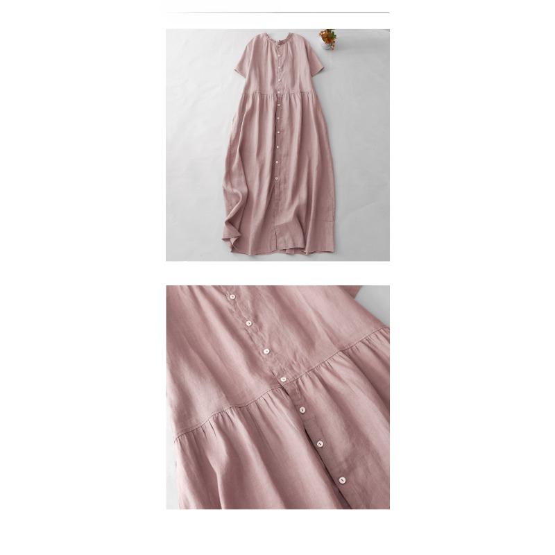 Women's Cotton, Linen, Lotus Root Pink Summer Loose Mid Length Short Sleeved Dress