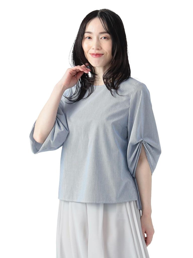 Beams Heart Stripe Blouse with Voluminous One Size Women's S/S Sleeves,