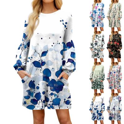 Fashion Womens Long Sleeve A Line Dress Fall Casual Pullover Crewneck Loose Fit Dress With Pockets
