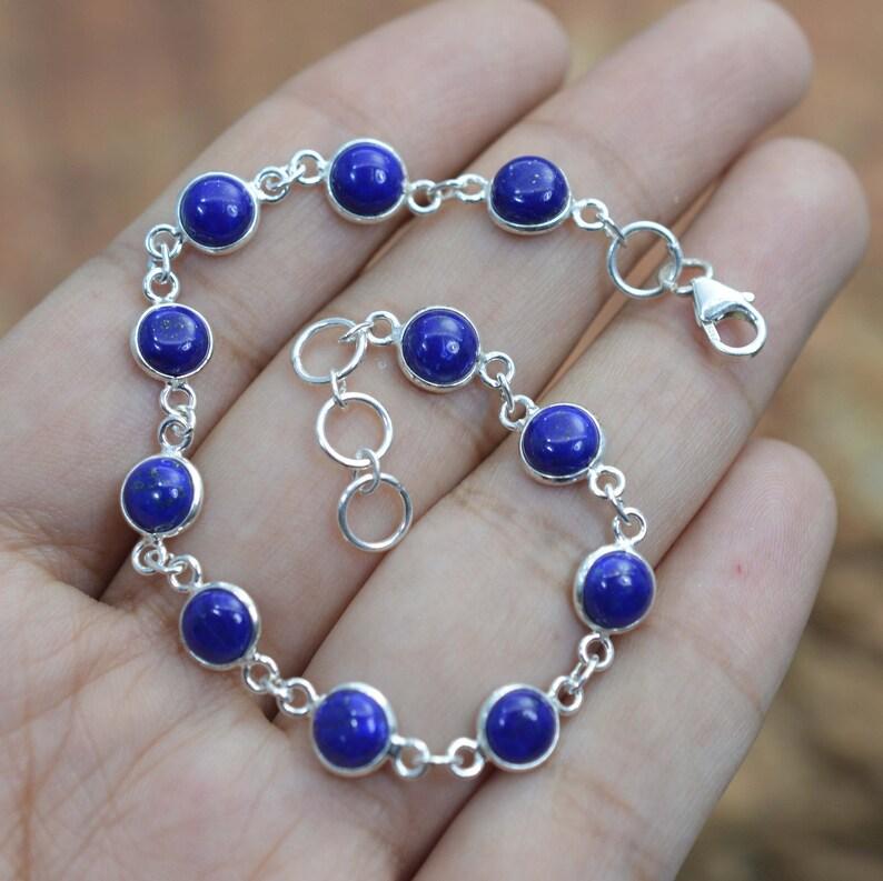 

Solid 925 Sterling Silver Lapis Lazuli Gemstone Handmade Designer Boho Bracelet Charm Jewelry Gift For Her 7 inch
