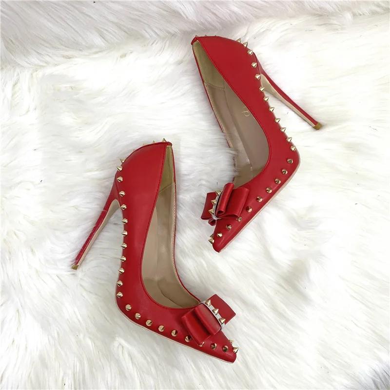 Red Matte Women Pointy Toe High Heel Shoes with Bow Sexy Spikes Rivets Stiletto Pumps 8cm 10cm 12cm Colors Customize 34-46