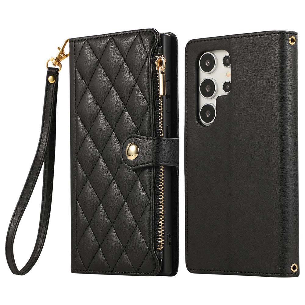 For Samsung Galaxy S24 Ultra Case Multi Card Slots Zipper Rhombus Leather Phone Cover with Wrist Strap