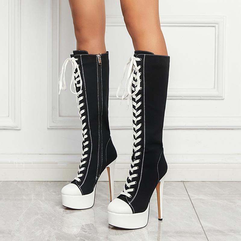 Fashion Women's new pointed, thick bottomed waterproof platform high-heeled, plus size lace up and knee high tube fashionable boots