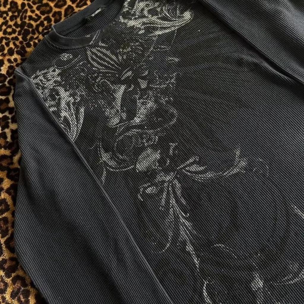 BeatStreet Grafikdruck Schwarzes T-Shirt Damen Herbstkleidung Y2K Cyber Grunge Pullover T-Shirts 00er Retro Ästhetik Cottage Crop Tops