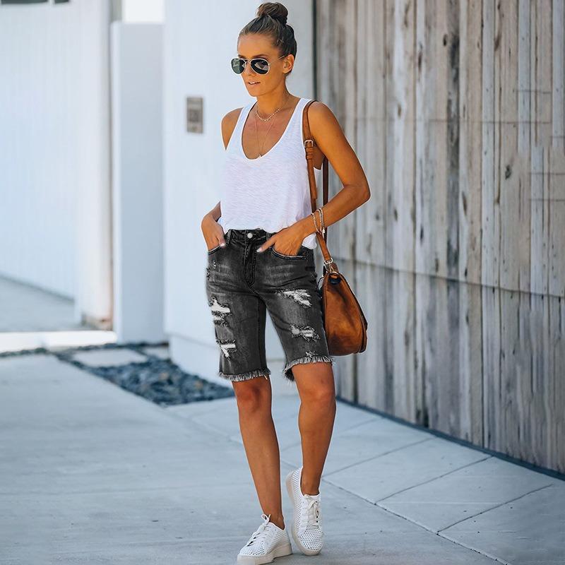 Fringed High-stretch Little Leg Pants Mid-waist Quarter Pants Ripped Jeans Woman