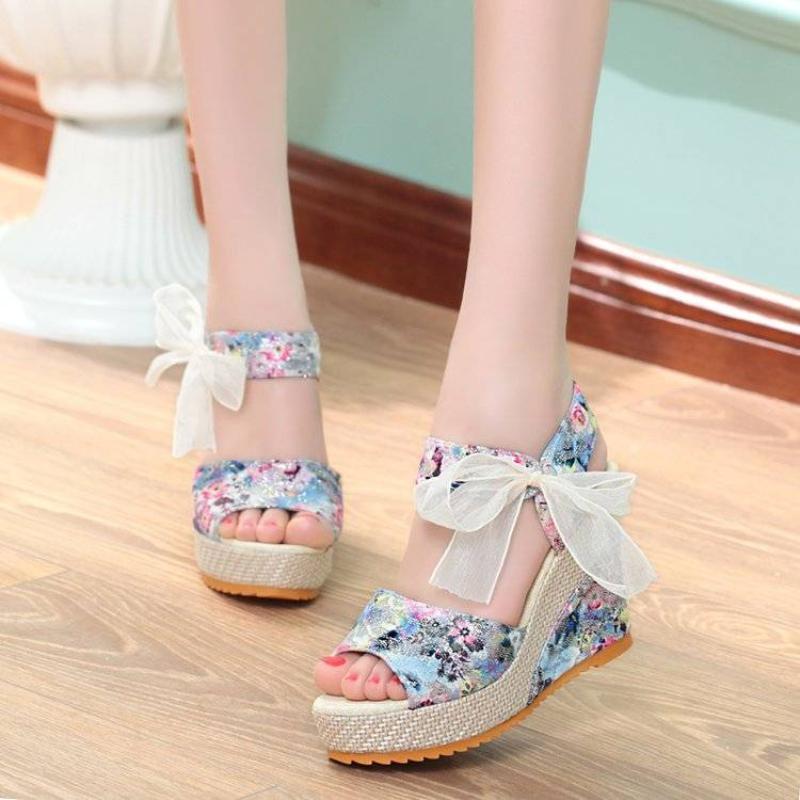 Ladies Shoes Wedge with Platform Waterproof Bow Super-high Heel Wedges Women's Sandals Print on Sale Casual Vip Quality Designer