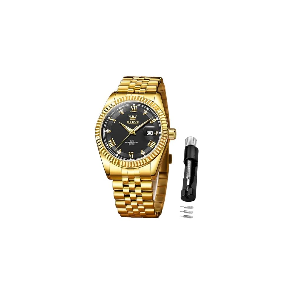 OLEVS Quartz Men s Watch Waterproof Date Luminous Stainless Steel Fashion Business Watch for Men Gold and Black