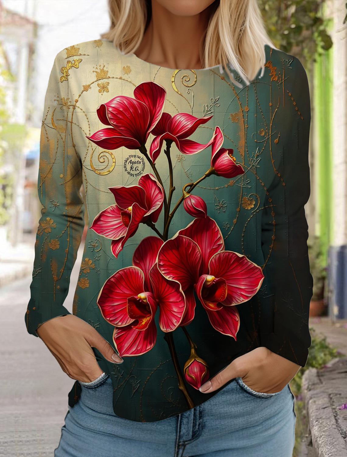 

2024 женская мода ретро топы с длинным рукавом круглый вырез пуловер повседневная футболка с длинным рукавом новая футболка с принтом лотоса 3D 6XL