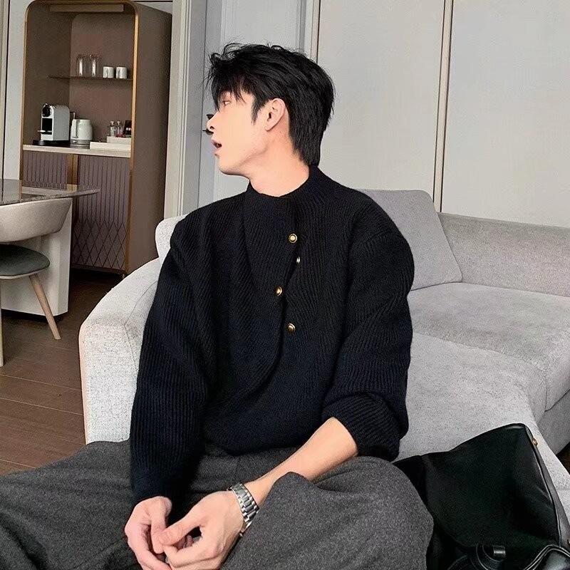 High Neck Solid Color Men's Sweater - Irregular Button Design, Youthful Loose Fit Knitwear