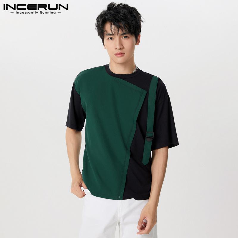 INCERUN Men O Neck Short Sleeve Tops Summer Patchwork T-shirts