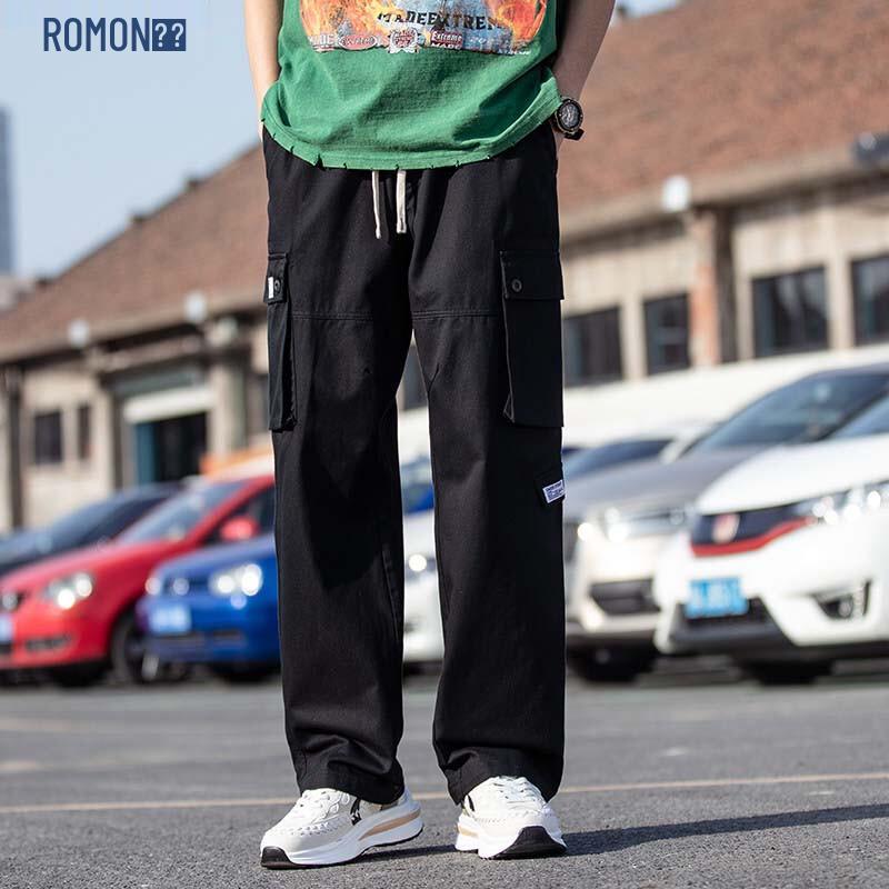ROMON Men s Solid Cotton Loose Straight Cargo Pants 4XL