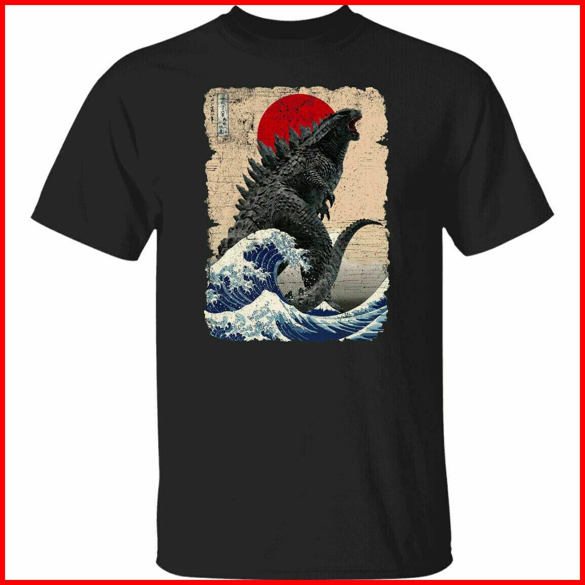 Godzilla and the Wave Funny Tee Gift Black Cotton T-Shirt S-5XL XL
