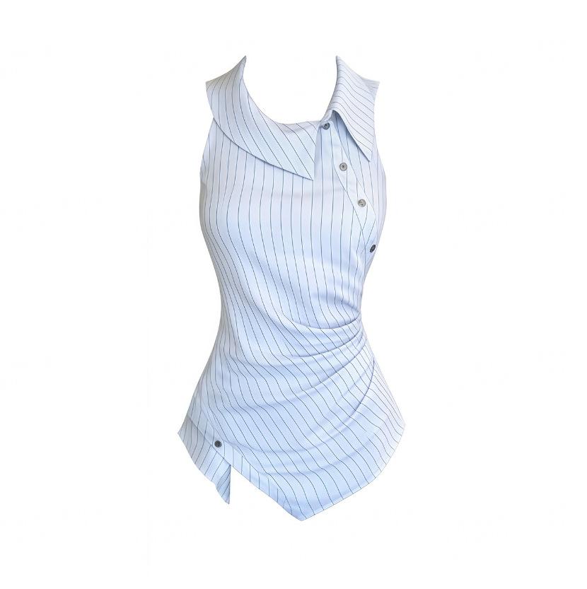 Korean Striped Striped Lapel Vest Women's Summer Diagonal-breasted Pleated Waist Irregular Hem Temperament Top