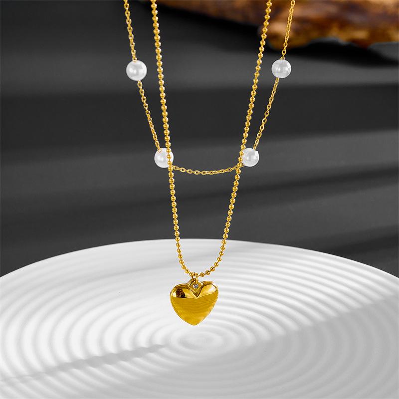 Koreanischer Stil Titan Herz Halskette - Doppellagige Perlen Schlüsselbein Kette, 3D Glatte Oberfläche, Farbbeständig, Einfaches & Elegantes Design
