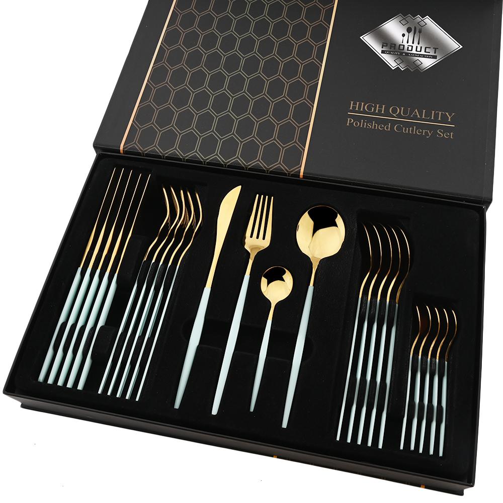 24pcs Pink Gold Dinnerware Set Knife Forks Spoon Cutlery Set with Gift Box Stainless Steel Spoon Flatware Kitchen Tableware