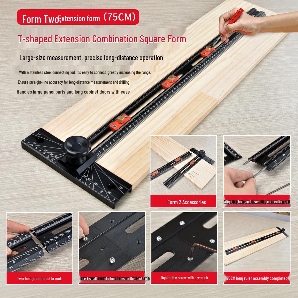 Multi-Shape Splicable Hole Punch Ruler: Automatic Click Point Multi-Functional T-Square for Woodworking
