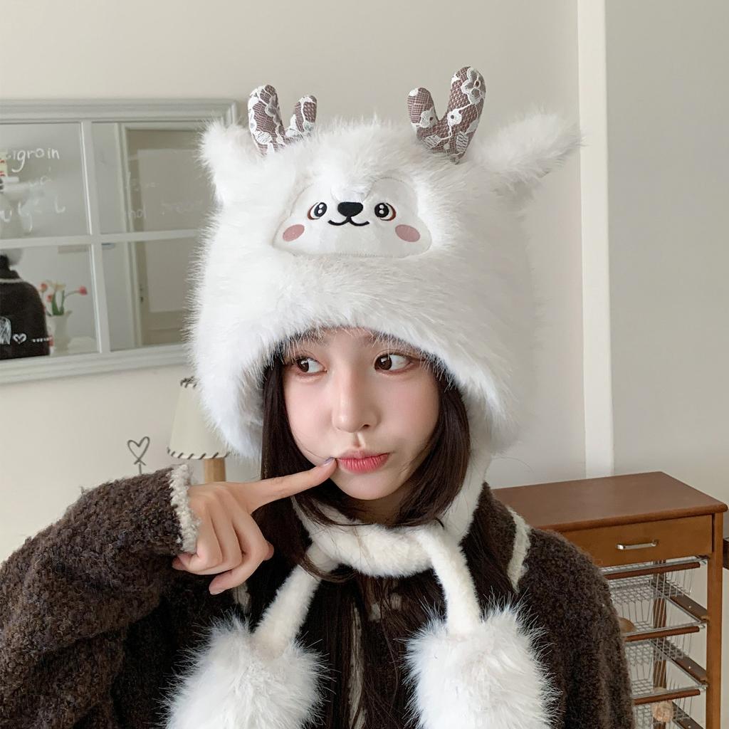 Antlers plush hat women's autumn and winter warm Lei Feng hat Christmas hat cute elk ear protection pullover hat