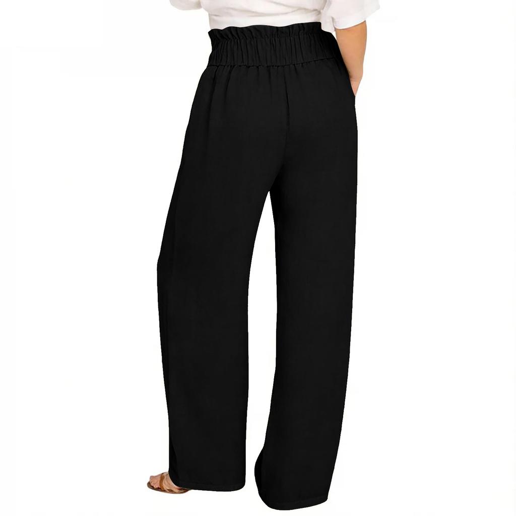 Linen Casual Wide Leg Pants For Women Elastic Waist Versatile Business Casual Work Palazzo Trousers With Pockets