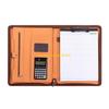 W89C Leather Conference Folder Zippered Business Document Case with Calculator Clipboard Multiple Pocket Card Holder Pen Slot