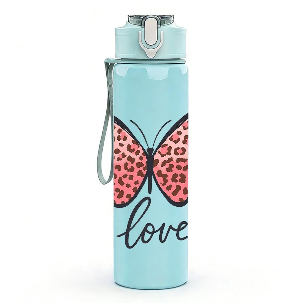 1PC Pink Butterfly Love 750ml Color Plastic Sports Water Bottle Leakproof Flip Straw Lid Suitable for Sports Office Home Use