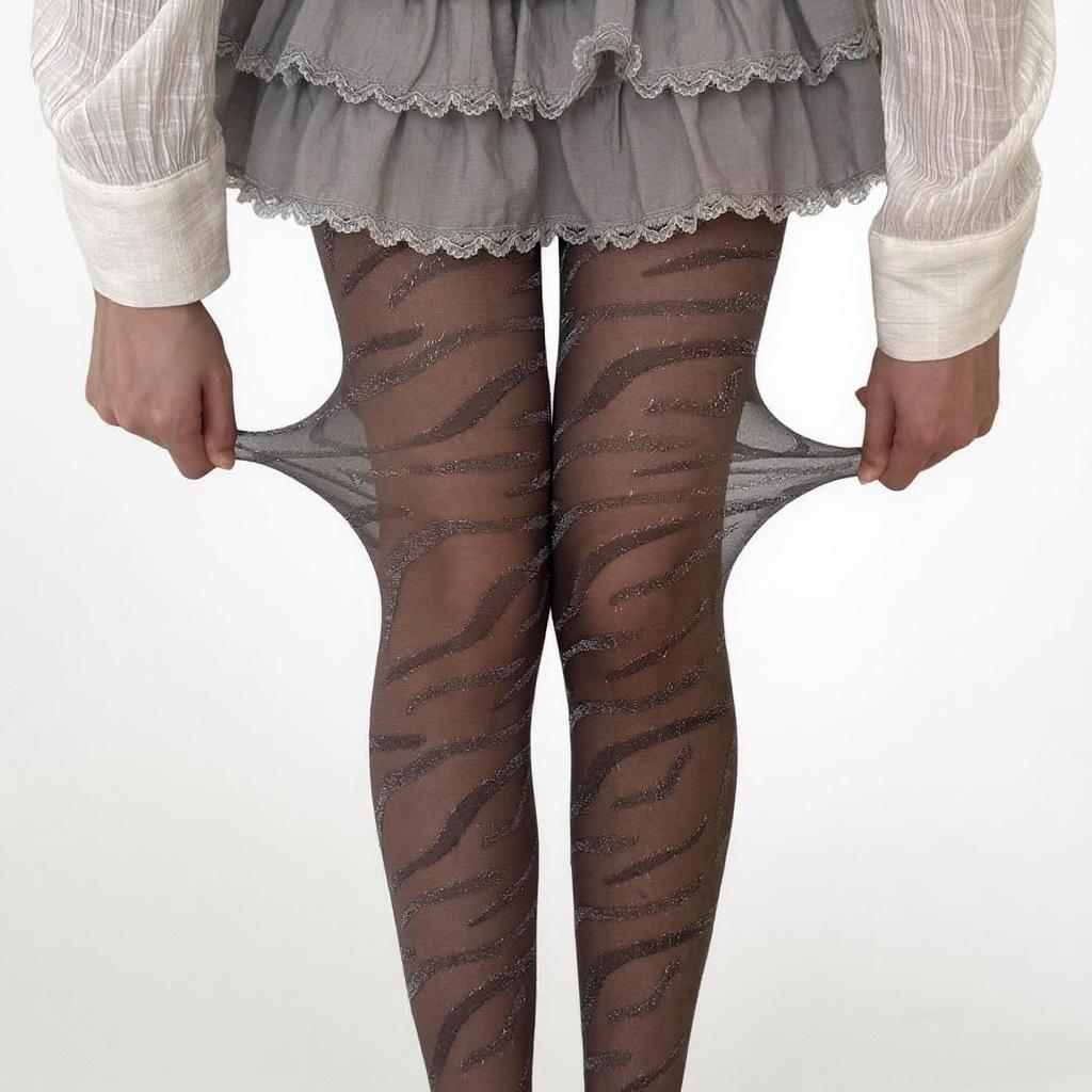 Calze Sexy con Stampa Zebrata e Filo Argentato - Eleganti Collant Jacquard Neri e Grigi Europei e Americani per Primavera e Autunno