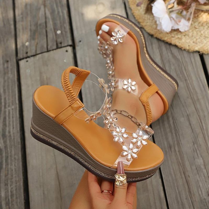 Women's Plus Size Platform Wedge Sandals, Floral Rhinestone Design for Beach Casual Wear