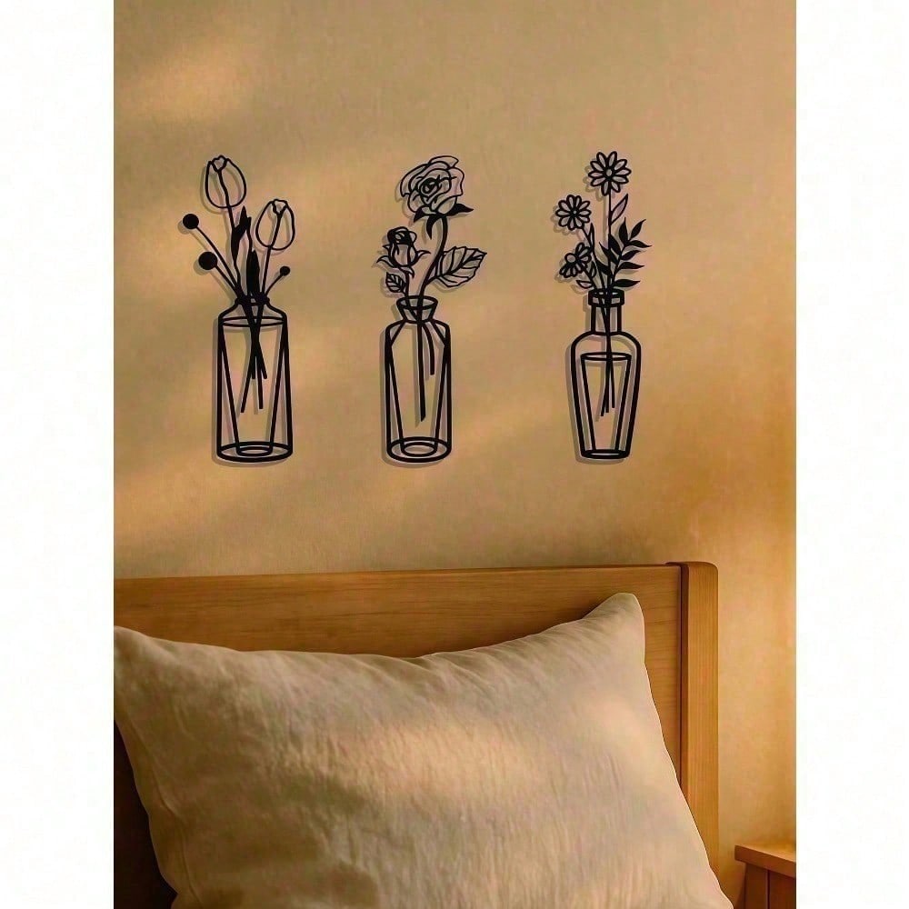Vase Flower Metal Wall Art Set, Minimalist Floral Line Wall Decor