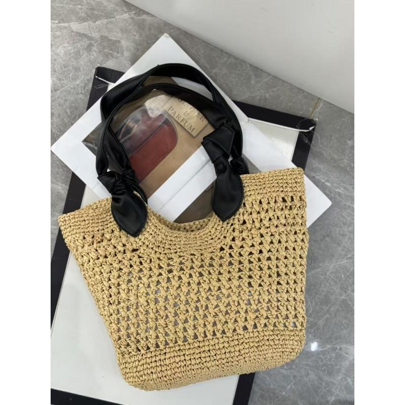 Woven Straw Leather Knot Tote Bag Large Capacity Everyday Travel Handbag Women