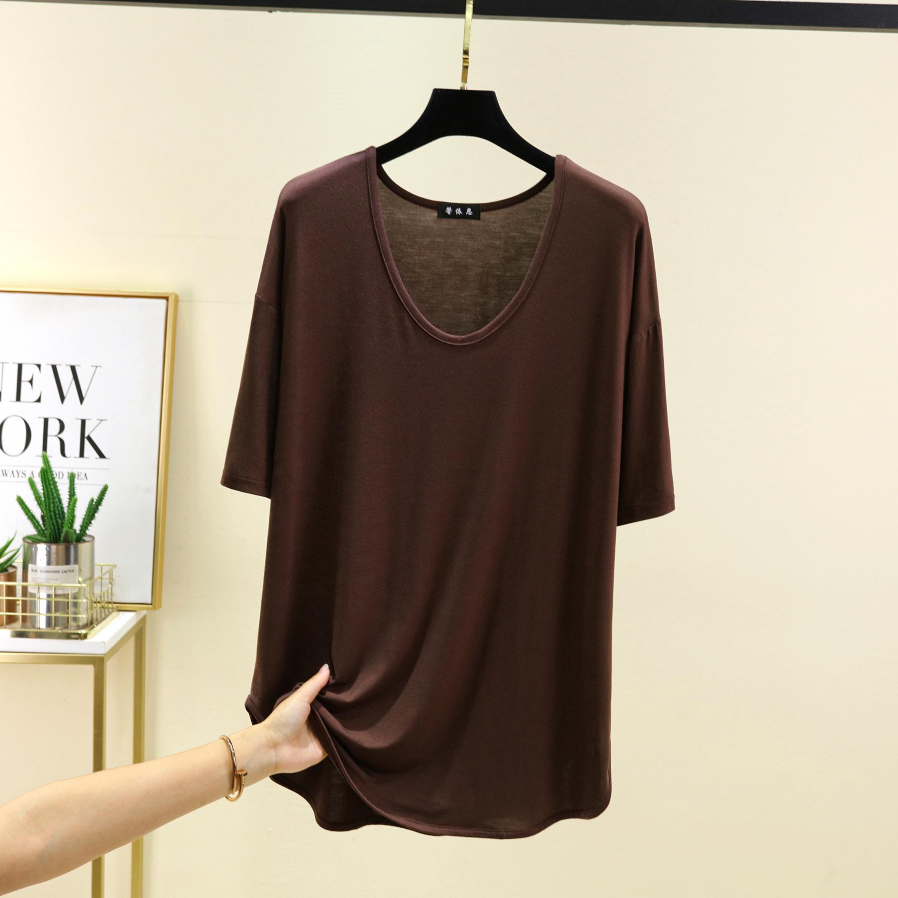 

Модальні футболки з дуговими рукавами, O-подібним вирізом, вільна футболка великих розмірів, повсякденний базовий шар, топ літні тонкі майки, універсальні футболки L коричневий