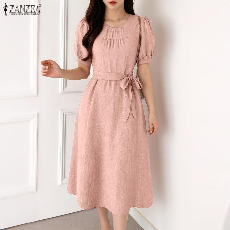 ZANZEA Women Casual Round Neck Summer Short Sleeve Dress