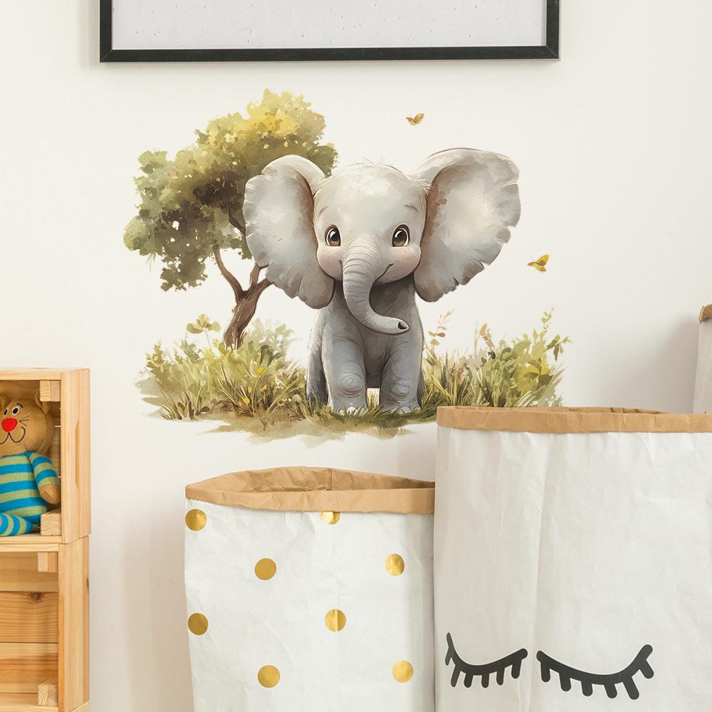 Cartoon Elephant Trees Wall Sticker Self-Adhesive Removable Kids Room Bedroom Hallway Dorm Home Decor