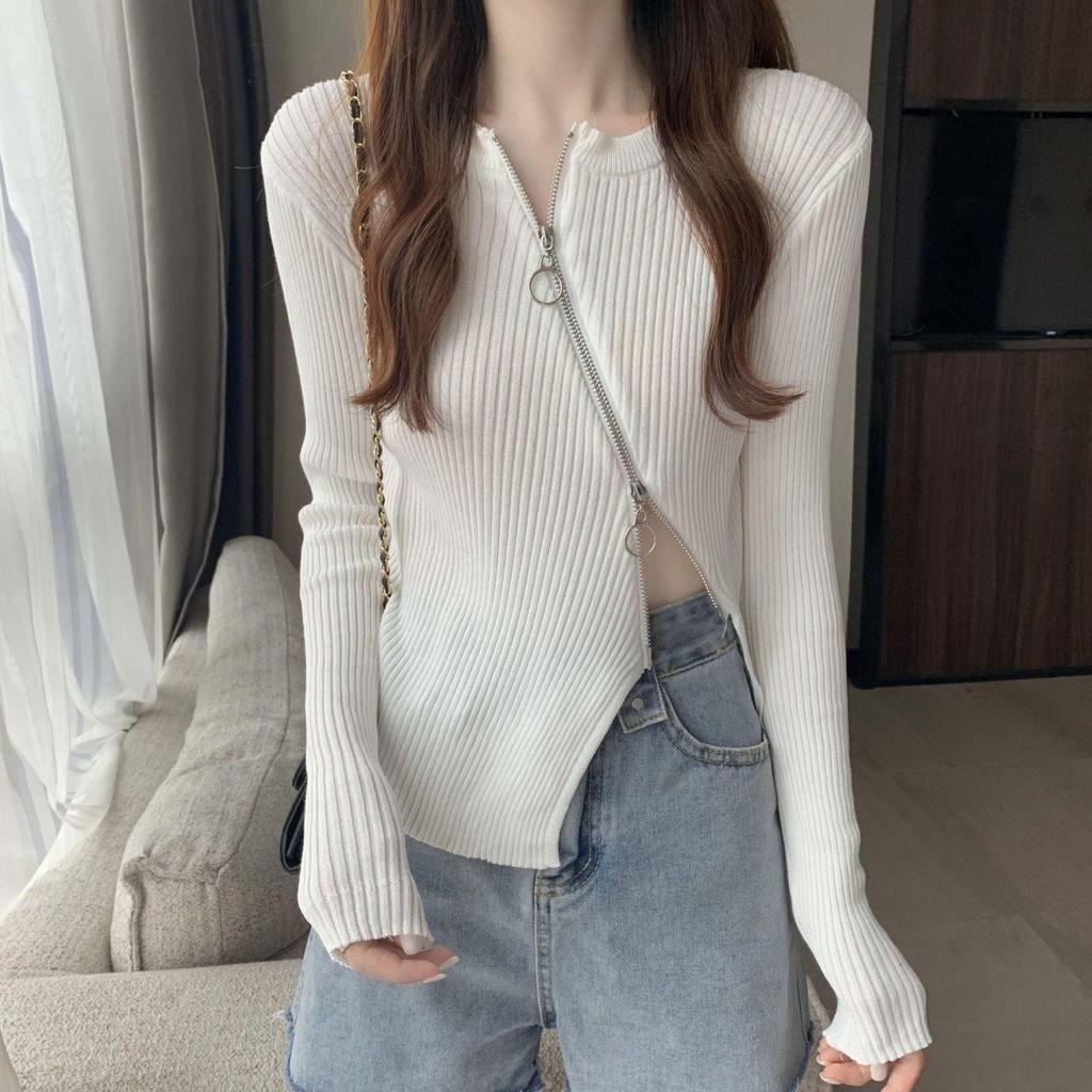 2025 Spring & Fall Women's Slim Fit Zipper Cardigan - Long Sleeve, Irregular Knit Top