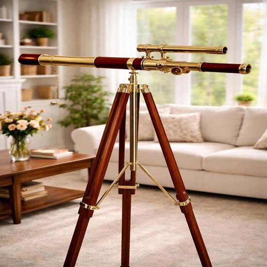 Brass Telescope on Wooden Tripod, Nautical Decor Spyglass, Maritime Telescope, Pirate Style Home Decor