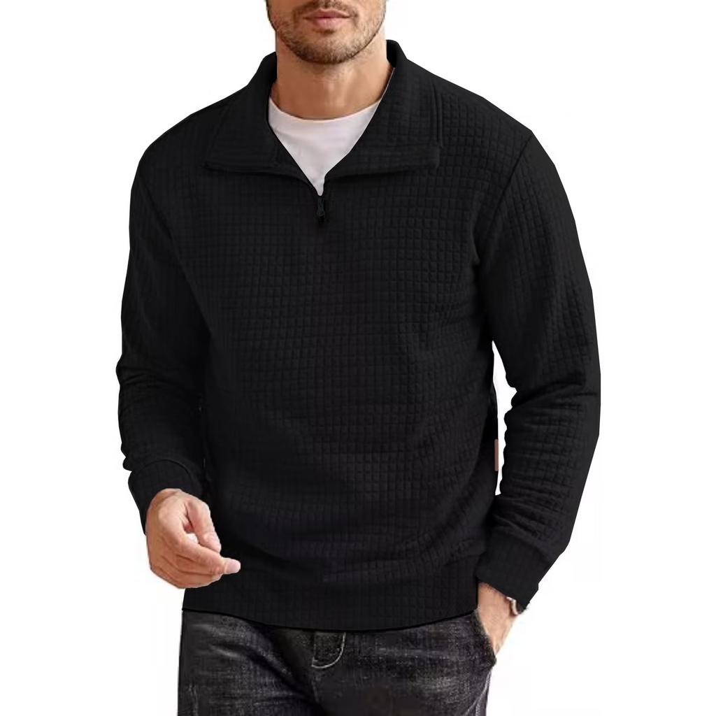 Large Size Men's Spring and Autumn Top Plaid Zipper Sweatshirt Solid Stand Collar Pullover