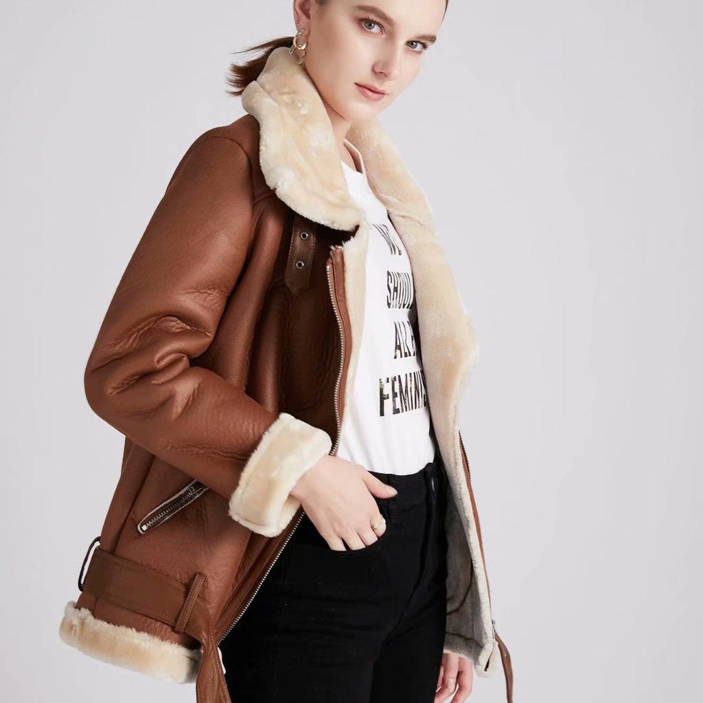 New Winter Women Fashion Leather Fur Warm Zipper Belt Buckle Stand Collar Motorcycle Short Jacket
