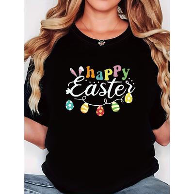 Women's Happy Easter Print T-Shirt Black Casual Short Sleeve Round Neck Spring Top