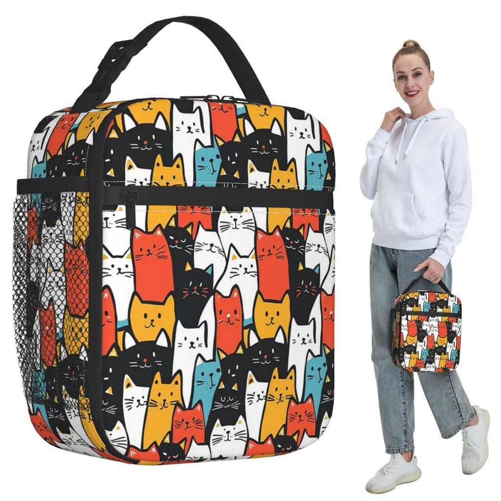Cartoon Cute Colorful Cat Insulated Lunch Bag for Women Office Cooler Thermal Food Box Tote Portable Lunch Boxes Container
