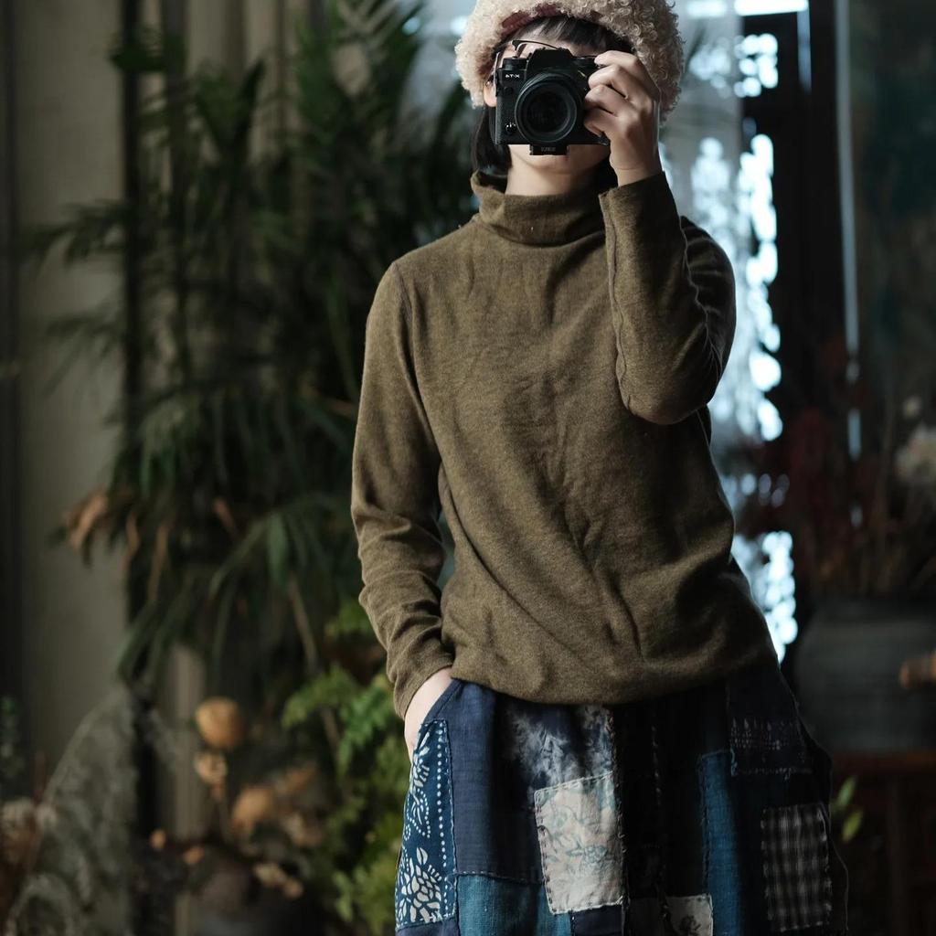 Johnature Women Vintage Winter Pullover Sweaters Solid Color Long Sleeve Knitted Wool Long Sleeve Turtleneck Sweaters