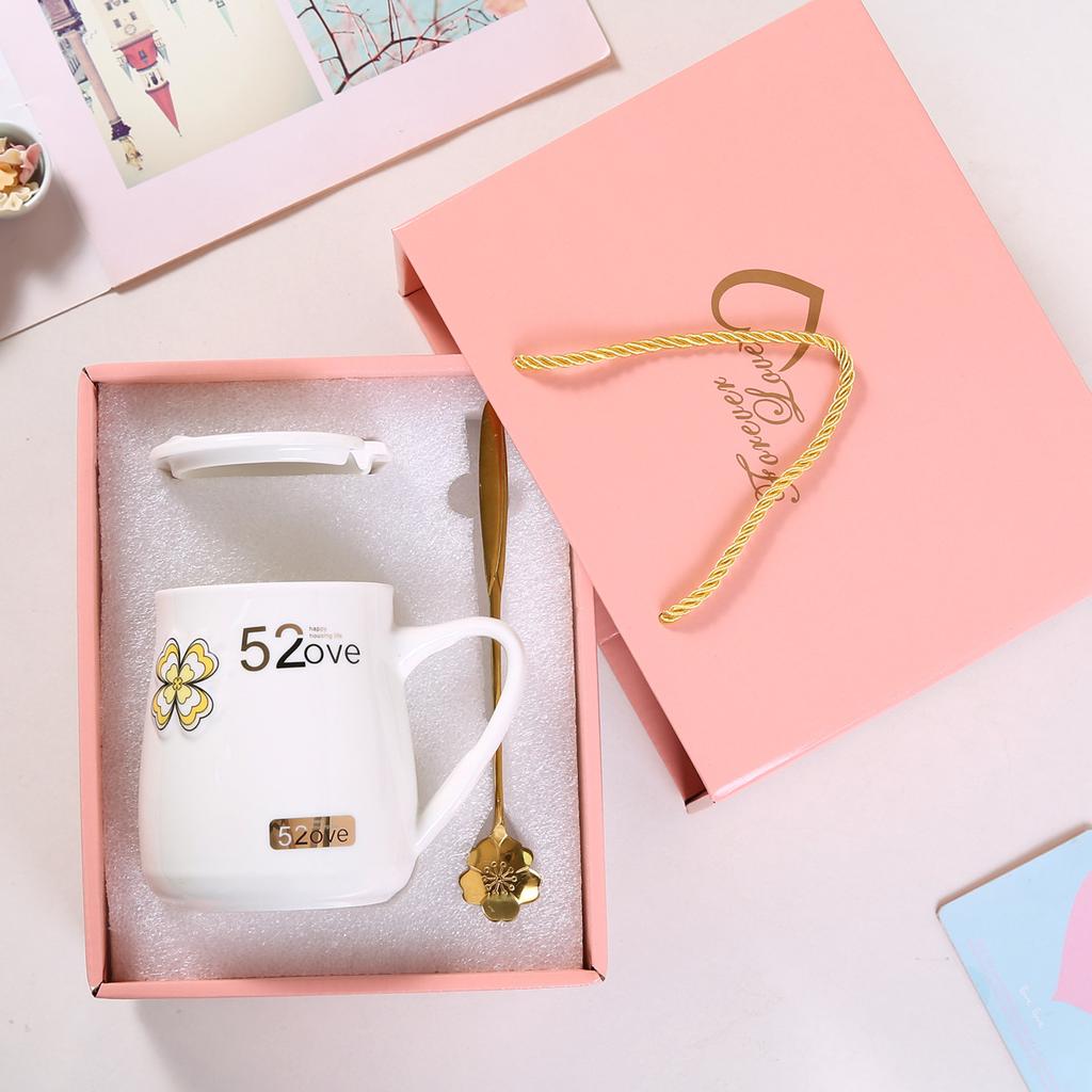 Paartasse Keramiktasse mit großem Fassungsvermögen mit Deckel und Löffel