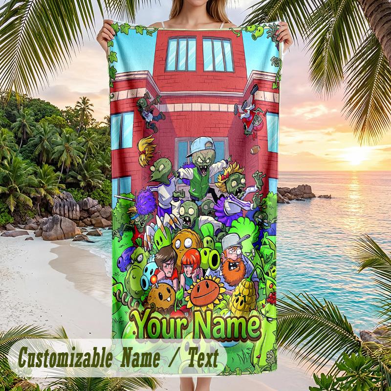Plants vs. Zombies Beach Towel, Personalized Custom Text, Quick Dry Soft Large Towel For Swimming Pool Travel