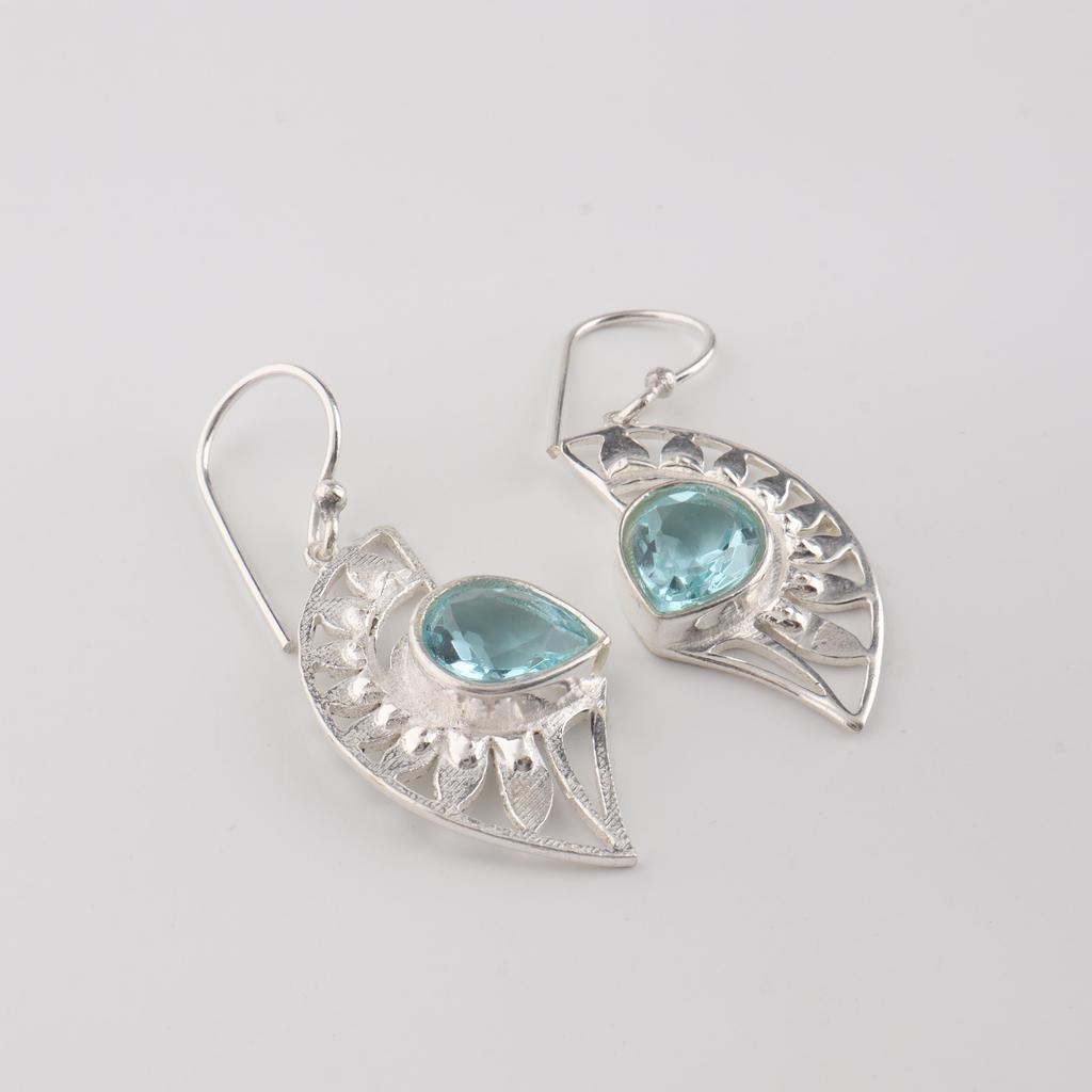 Natural Sky Blue Topaz Gemstone 925 Sterling Silver Jewelry Women Dangle Earring 1.5" CE-26-2