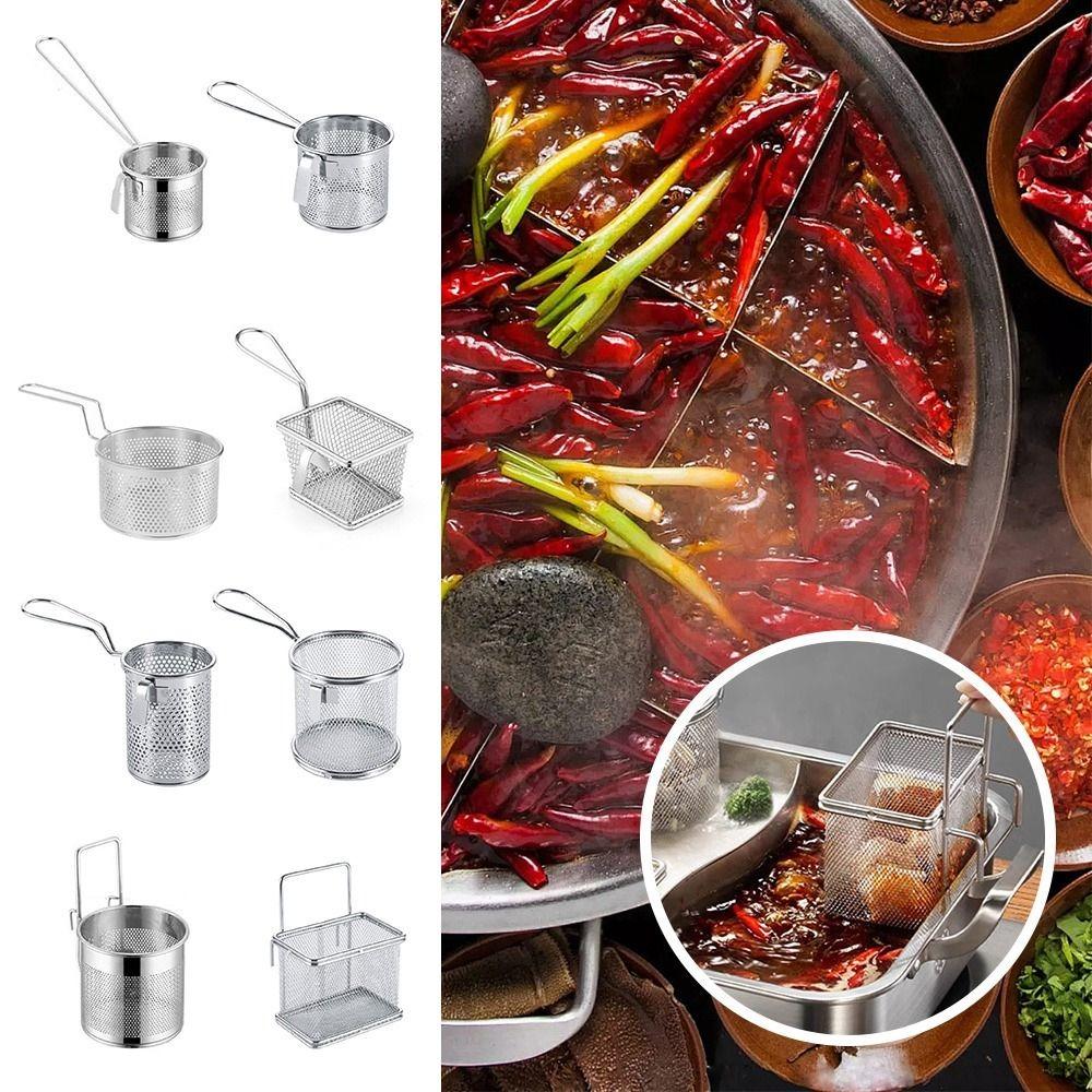 304 Stainless Steel Deep Frying Basket with Hook&Handle Multi-funcational Hangable Colander Mesh Sieve Oil Filter