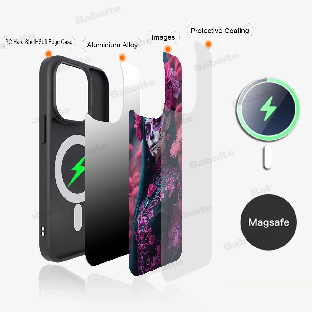 Catrina Beautiful Rose Girl Skull Phone Magnetic Case For IPhone 16 14 13 12 11 15 ProMax Plus For Magsafe Wireless Charge Cover