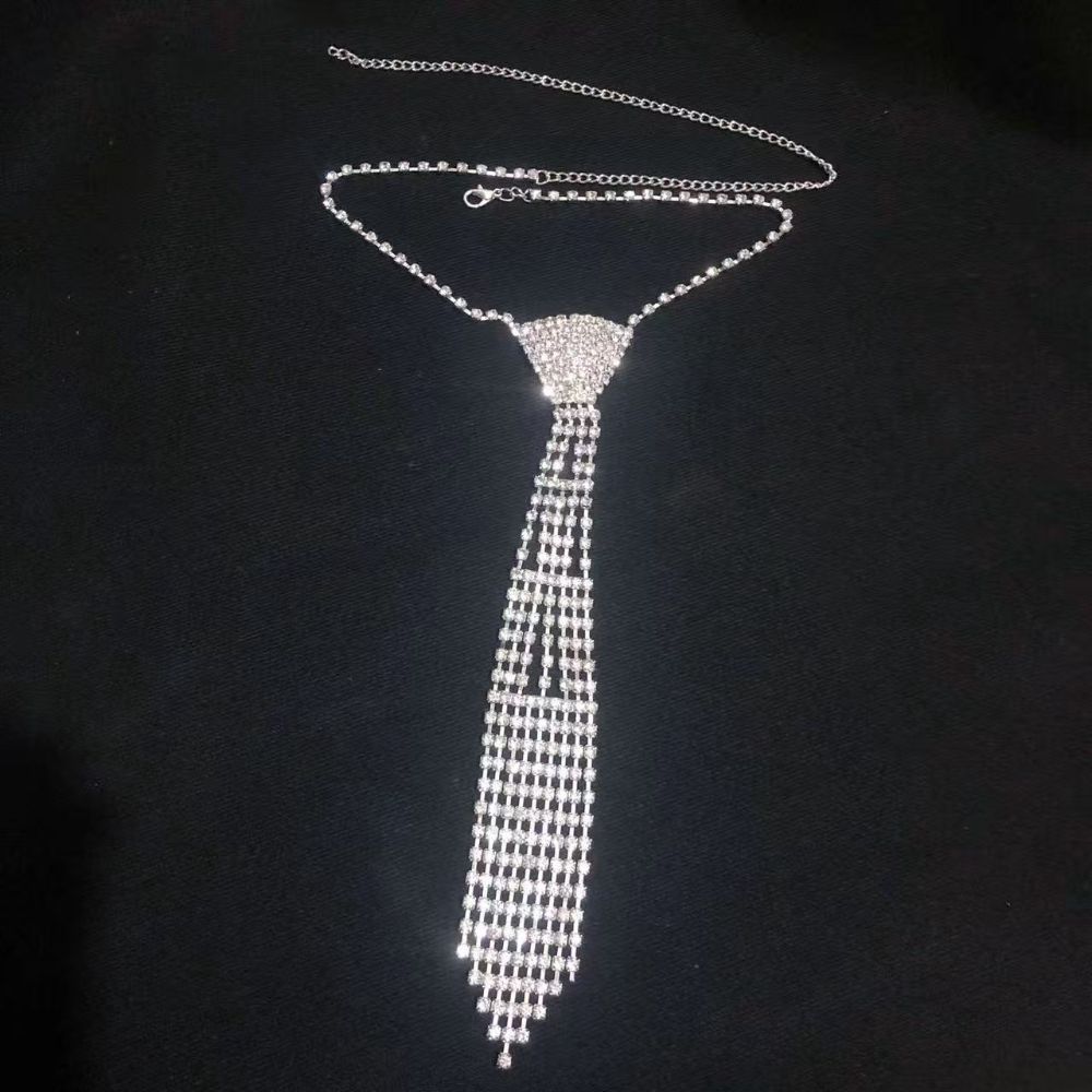Silver Punk Neck Tie Adjustable Length Knot Free Necktie Crystal Necktie  Stage Costume Design
