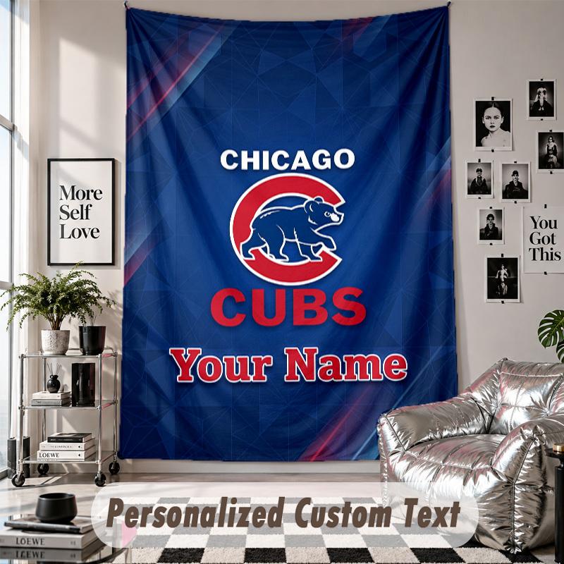 Wall Hanging Tapestry With Custom Name & Text, Chicago Cubs Decorative Tapestry For Bedroom