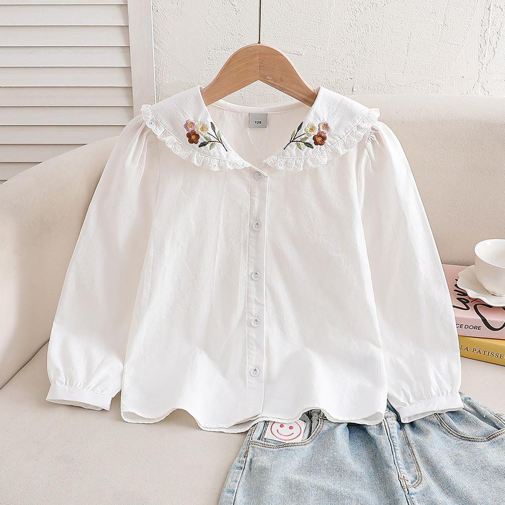 Girls Pure Cotton White Long Sleeve Shirt Lace Floral Embroidery Peter Pan Collar Kids Back To School Outfit