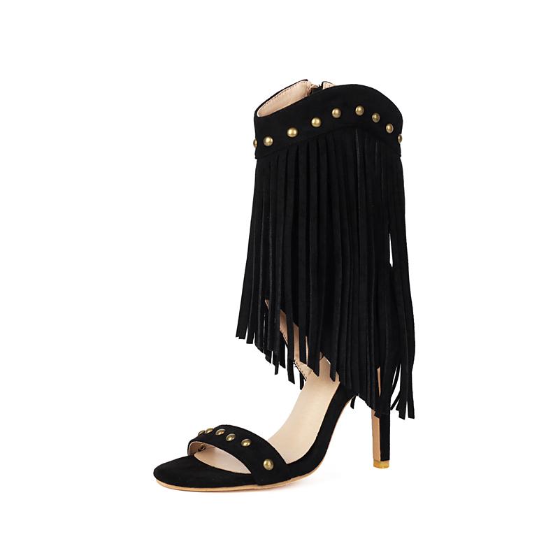 

ANNYMOLI Женские западные сандалии с круглым носком, на тонком высоком каблуке, с молниями, заклепками, кисточками, сексуальные ботинки для джазовых танцев, женская модная обувь, лето 46 34 чёрный