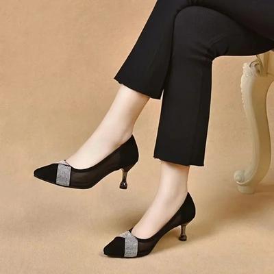 Sapatos de Salto Femininos Outono Sapatos Pretos de Moda Feminina Cristal Salto Alto Vestido Bico Fino Elegante Confortável Salto Baixo Sexy Feminino Salto Alto