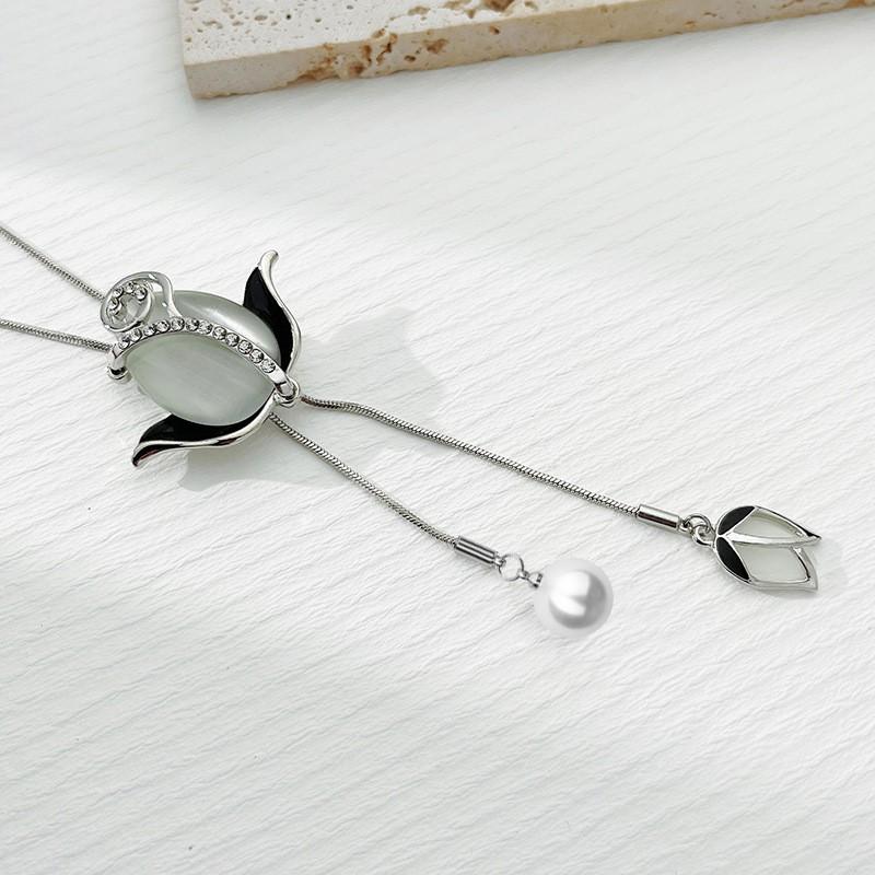 Elegant Long Pendant Necklace With Tulip Cats Eye Stone Flower Design Women Gold Or Tone Alloy Snake Chain 81cm